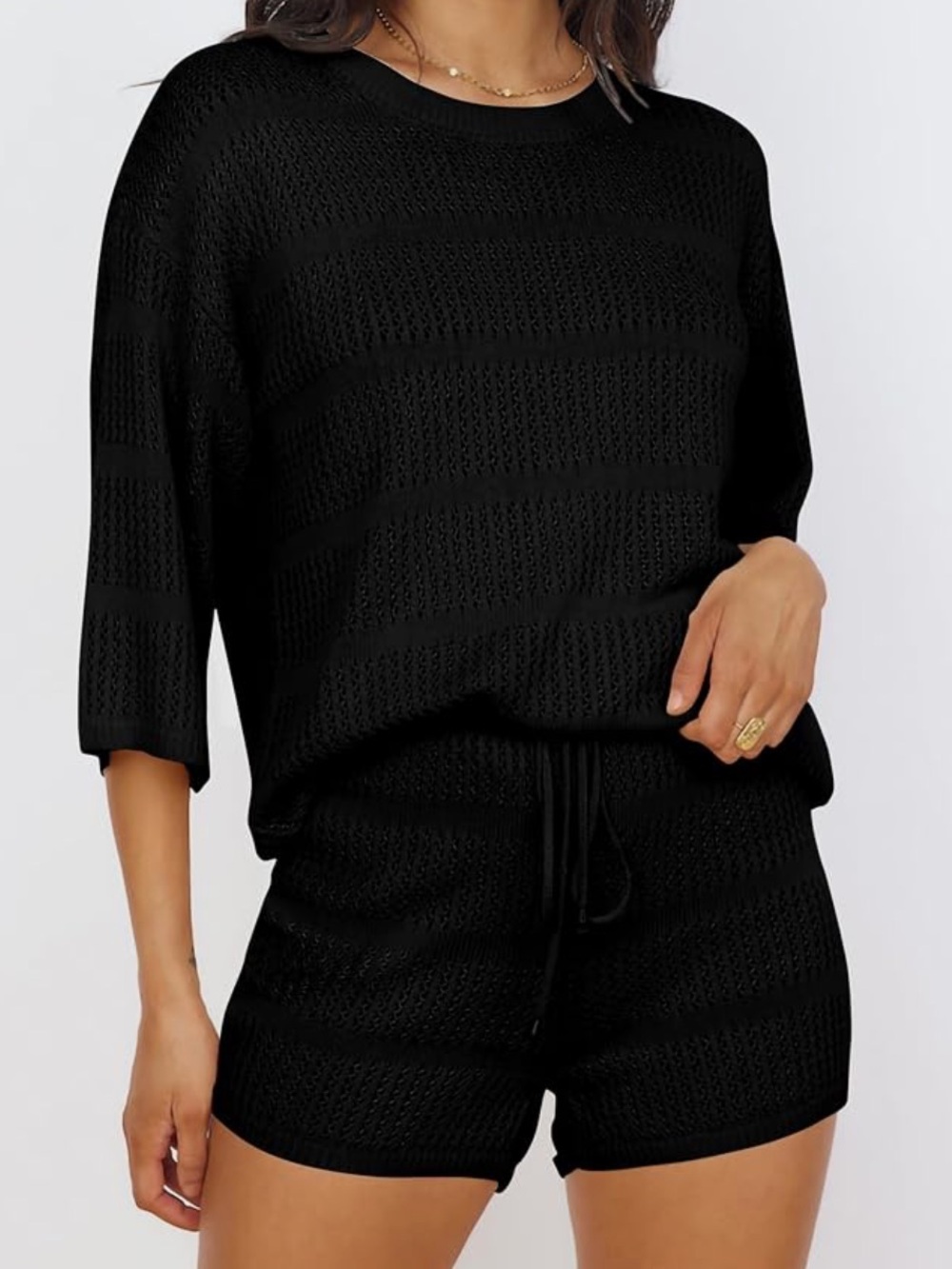 PrettyGarden matching Crochet knit black beach cover up shirt and shorts set